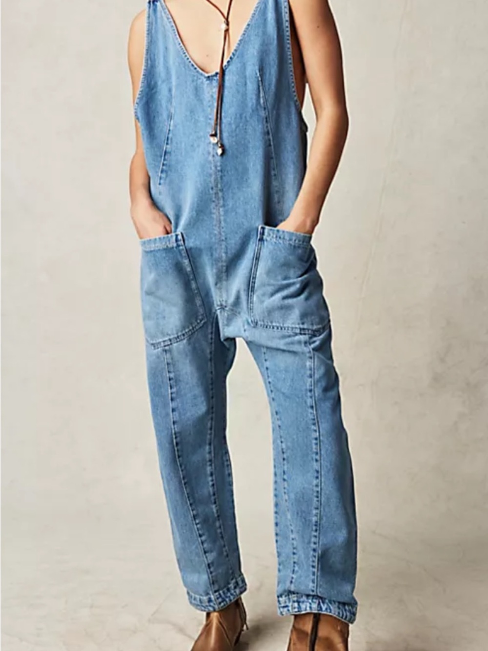 We The Free Light Blue Denim Utility Jumpsuit